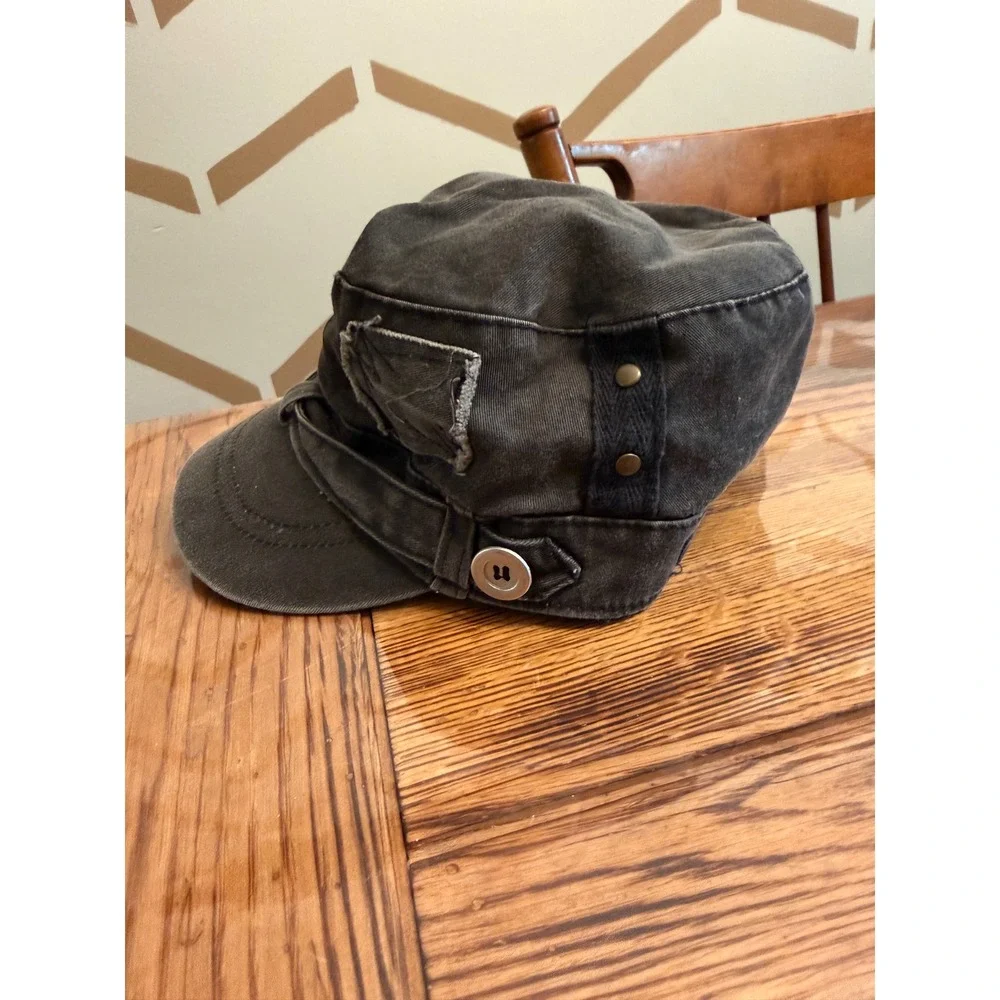 Target Cadet Hat Womens OS Black Distressed Military Cap Button Detail RN17730